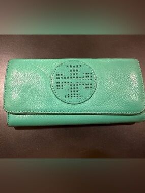 Tory Burch Teal Green soft Pebbled Leather Perforated Wallet